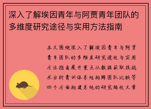 深入了解埃因青年与阿贾青年团队的多维度研究途径与实用方法指南