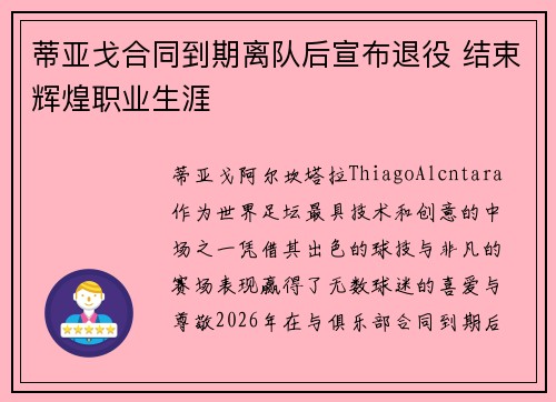 蒂亚戈合同到期离队后宣布退役 结束辉煌职业生涯