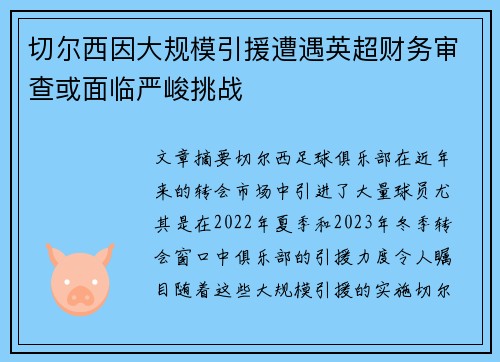 切尔西因大规模引援遭遇英超财务审查或面临严峻挑战