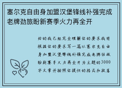 塞尔克自由身加盟汉堡锋线补强完成老牌劲旅盼新赛季火力再全开