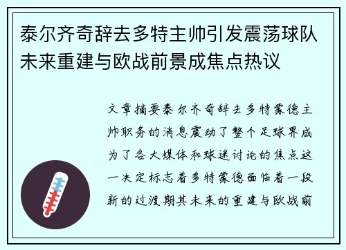 泰尔齐奇辞去多特主帅引发震荡球队未来重建与欧战前景成焦点热议